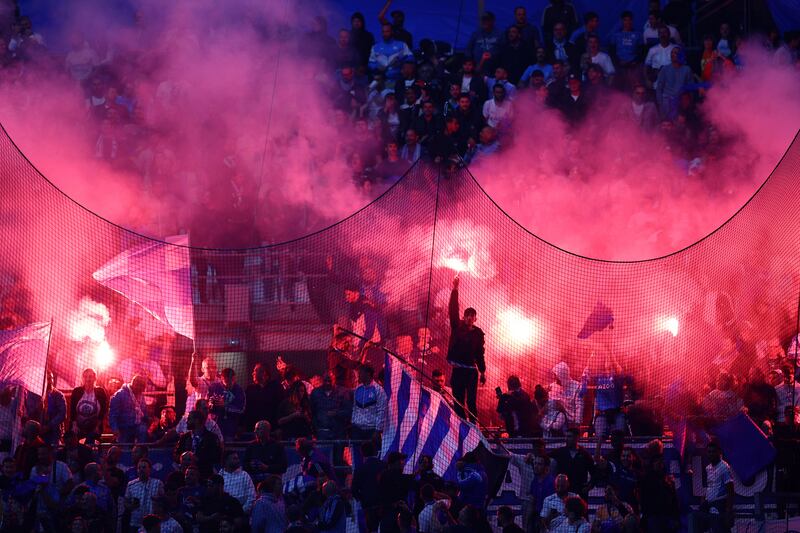 Marseille fans at the Stade Velodrome. Getty