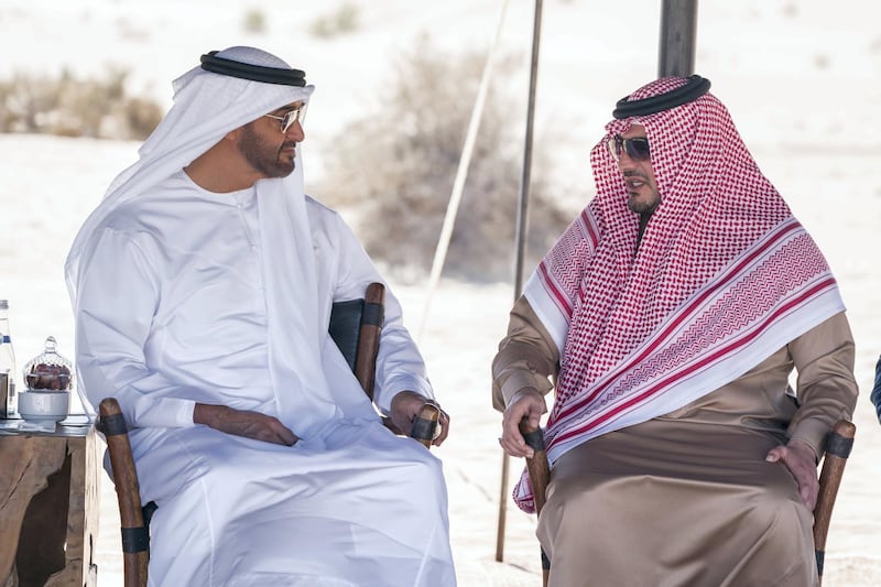 AL AIN, ABU DHABI, UNITED ARAB EMIRATES - January 13, 2018: HH Sheikh Mohamed bin Zayed Al Nahyan Crown Prince of Abu Dhabi Deputy Supreme Commander of the UAE Armed Forces (L), receives HRH Prince Abdulaziz bin Saud bin Nayef bin Abdulaziz, Minister of Interior of Saudi Arabia (R), in Alain.
( Hamad Al Kaabi / Crown Prince Court - Abu Dhabi )
—
