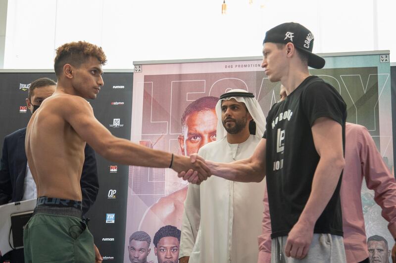 Dubai, United Arab Emirates - Faizan Anwar (India) and  Evgeni Vazem (Russia) at their weigh-in at Leva Hotel, Sheikh Zayed Road.  Leslie Pableo for The National for Amith Pasella's story