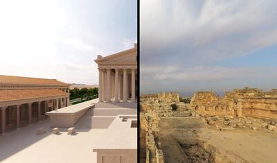 Temple of Jupiter, reconstruction and present day. Courtesy Flyover Zone Productions and DAI
