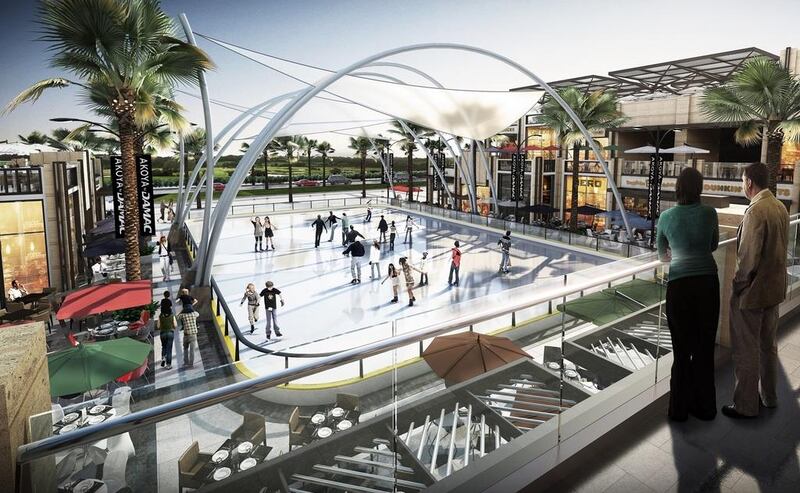 There was a surprise in store when Damac released its plans for Akoya Drive. The Rodeo Drive-inspired street of shops and cafes is set to feature the UAE's first outdoor ice skating rink. The developer said that it would use “fans and cooling techniques” to make the attraction “more bearable during” July and August. Courtesy Damac