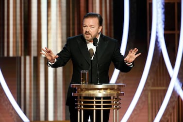 Host Ricky Gervais on stage during the 77th annual Golden Globe Awards ceremony at the Beverly Hilton Hotel in California. Reuters