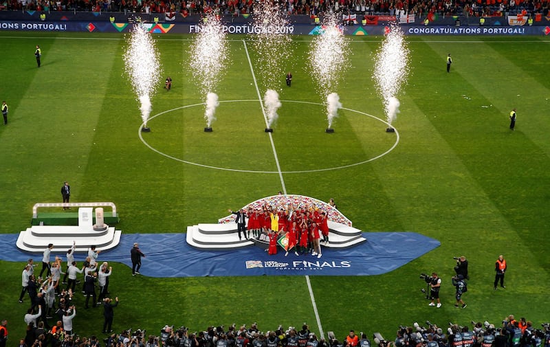 Portugal celebrate winning the Nations League final. Reuters