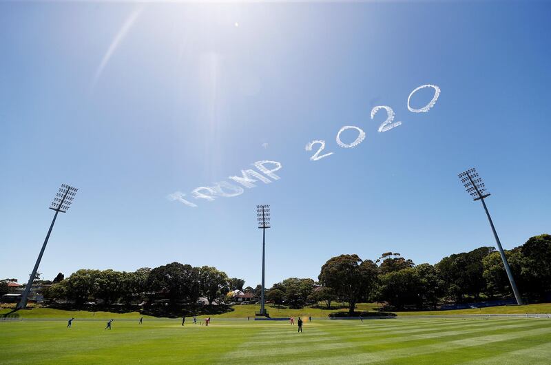 'Trump 2020' written in the sky during the Women's Big Bash League WBBL match between the Adelaide Strikers and the Sydney Sixers at Drummoyne Oval, on November 15, 2020, in Sydney, Australia. Getty Images