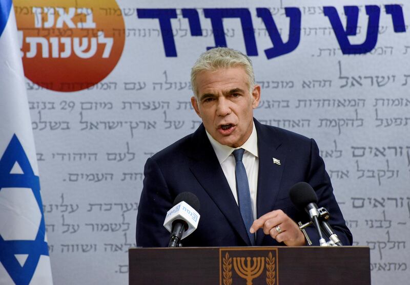 Yair Lapid, head of the centrist Yesh Atid party, delivers a statement to the press before the party faction meeting at the Knesset, Israel's parliament, in Jerusalem. Reuters