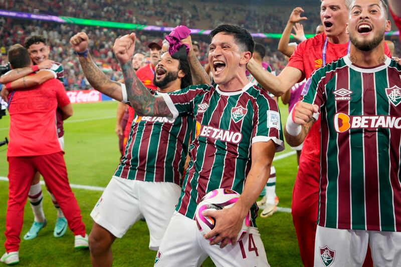 Fluminense's players celebrate reaching the final of the Club World Cup. AP