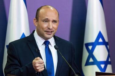 Yamina party leader Naftali Bennett addresses the Israeli parliament. AP