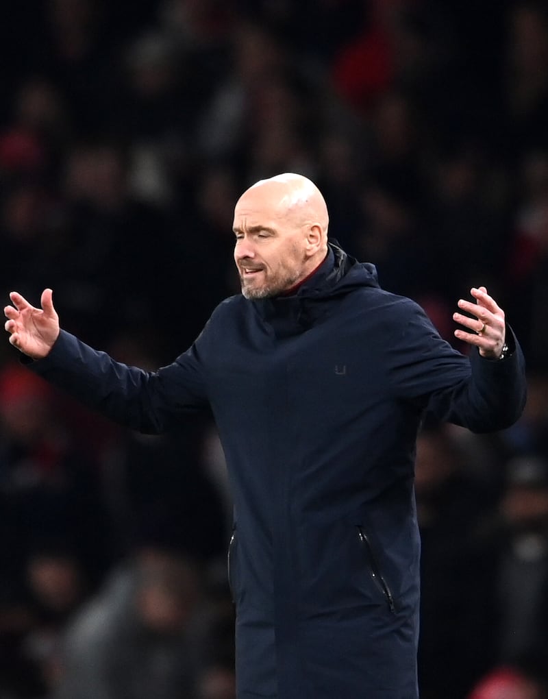 Manchester United's manager Erik ten Hag watches the action. EPA