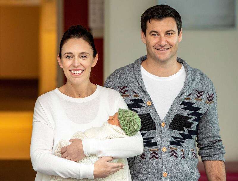 epa07543685 (FILE) - New Zealand Prime Minister Jacinda Ardern (L) holds her newborn baby daughter next to her partner Clarke Gayford (R) in Auckland, New Zealand, 24 June 2018 (reissued 03 May 2019). A government spokesperson has confirmed on 03 May 2019 that New Zealand Prime Minister Jacinda Ardern is engaged to her long-term partner Clarke Gayford. Media reports say that the spokesman confirmed the pair got engaged over Easter.  EPA/DAVID ROWLAND  AUSTRALIA AND NEW ZEALAND OUT *** Local Caption *** 54435613