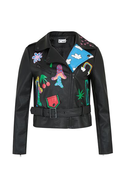 A hand-painted eco-leather jacket by S*uce, available at S*uce concept stores and online, Dh650.