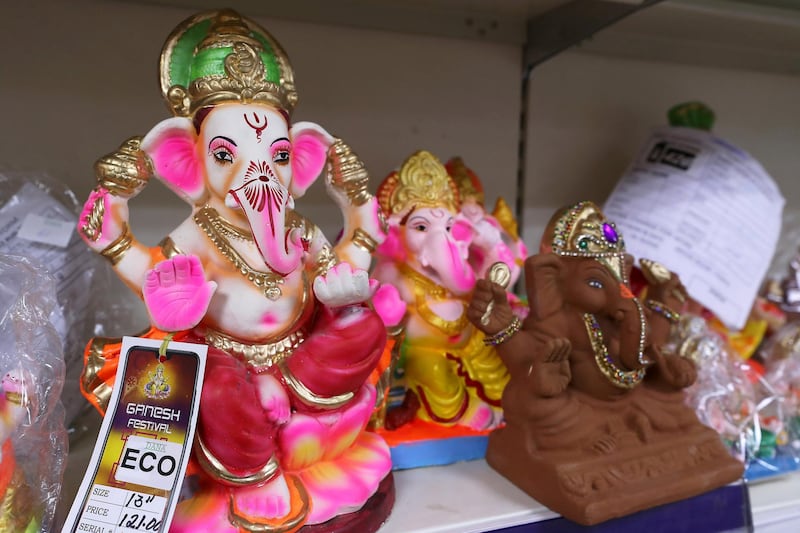 DUBAI, UNITED ARAB EMIRATES , August 17 – 2020 :- Eco friendly Colourful and natural Ganesh idols made by clay on display at the Madhoor store in Bur Dubai in Dubai. Ganesh Festival will start on 22nd August. . Authorities in the UAE are advising the Indian community to limit the number to immediate family members to prevent the spread of the coronavirus. These Ganesh statues made by clay and can be immersed at home as part of the ritual observed during the Ganesh festival. (Pawan Singh / The National) For News/Online/Instagram. Story by Ramola
