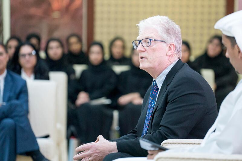 ABU DHABI, UNITED ARAB EMIRATES - November 01, 2017:  Sir Ken Robinson (C), delivers a lecture titled "Creative Schools: Revolutionising Education from the Ground Up", at Majlis Mohamed bin Zayed. 

( Rashed Al Mansoori / Crown Prince Court - Abu Dhabi )
---