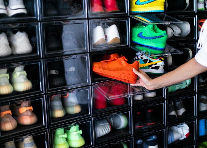 DUBAI, UNITED ARAB EMIRATES. 11 AUGUST 2020. 
Mohamed Al Safar’s sneaker collecttion in his penthouse in Burj Khalifa
(Photo: Reem Mohammed/The National)

Reporter:
Section: