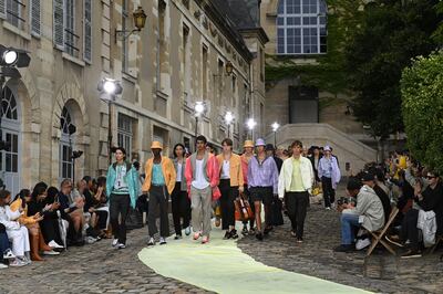 Hermes's menswear spring/summer 2023 show, on the cobblestones of the Gobelins Manufactory, features loose proportions. Getty Images