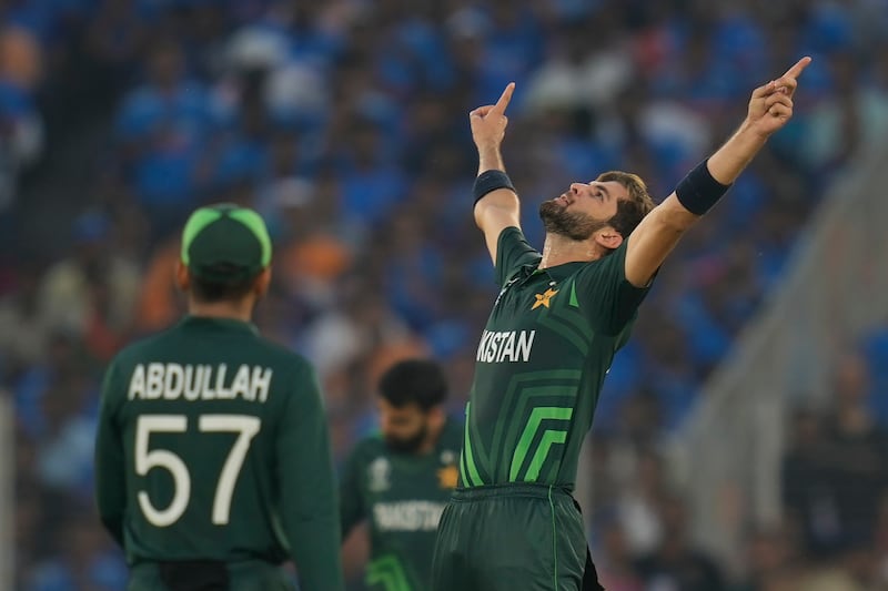 Pakistan's Shaheen Afridi celebrates the wicket of India's Shubman Gill. AP 
