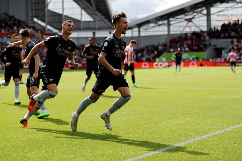 Arsenal's Fabio Vieira celebrates his goal against Brentford. AFP