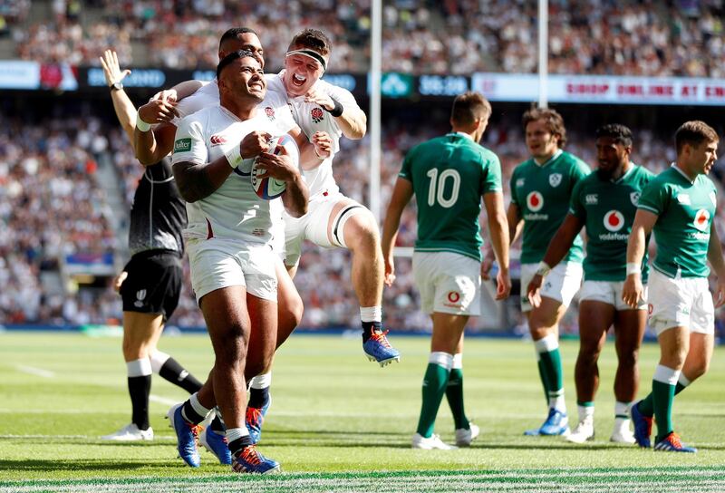 Rugby Union - Rugby World Cup warm-up match - England v Ireland - Twickenham Stadium, London, Britain - August 24, 2019  England's Manu Tuilagi celebrates scoring their third try  REUTERS/Peter Nicholls     TPX IMAGES OF THE DAY