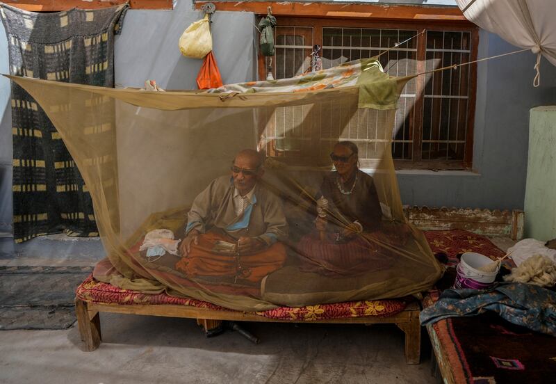 Nomad Dawa Tundup sits inside a mosquito net with his wife Tashi Lamo.