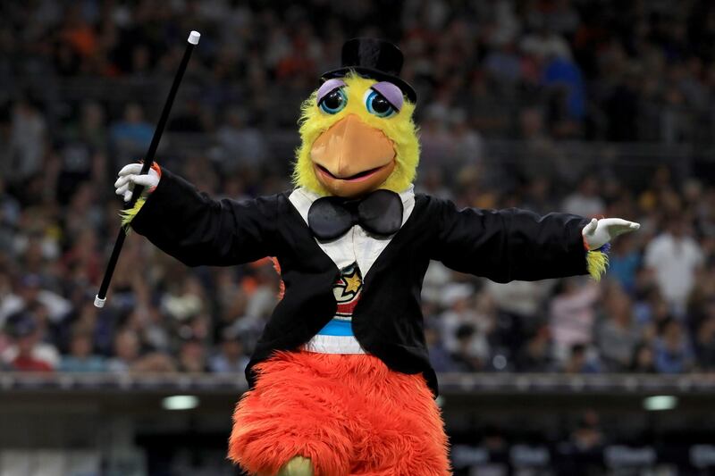 SAN DIEGO, CALIFORNIA - JULY 27: The San Diego Chicken entertains fans during a game between the San Diego Padres and the San Francisco Giants at PETCO Park on July 27, 2019 in San Diego, California.   Sean M. Haffey/Getty Images/AFP