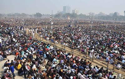 Activists of the Trinamool Congress (TMC) attend a mass meeting in Kolkata on January 19, 2019. India's opposition parties drew half a million supporters to Kolkata's streets on January 19 for the largest show of force yet against Prime Minister Narendra Modi as a national election looms. / AFP / STR
