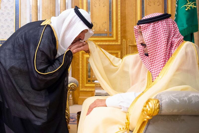 CORRECTION / A handout picture provided by the Saudi Press Agency (SPA), on September 9, 2019, shows the newly appointed Saudi Energy Minister Prince Abdulaziz bin Salman (L) kissing his father Salman bin Abdulaziz' hand after giving oath in the Saudi Red Sea city of Jeddah the previous night. Saudi King Salman yesterday promoted one of his sons to the pivotal role of energy minister, strengthening his family's grip on the levers of power from oil to finance and defence.
The appointment of Prince Abdulaziz bin Salman as the new energy minister mirrors the ascent of his half-brother Crown Prince Mohammed bin Salman, the de facto ruler. 
 - XGTY / RESTRICTED TO EDITORIAL USE - MANDATORY CREDIT "AFP PHOTO /SAUDI PRESS AGENCY (SPA)" - NO MARKETING NO ADVERTISING CAMPAIGNS - DISTRIBUTED AS A SERVICE TO CLIENTS
 / AFP / SPA / - / XGTY / RESTRICTED TO EDITORIAL USE - MANDATORY CREDIT "AFP PHOTO /SAUDI PRESS AGENCY (SPA)" - NO MARKETING NO ADVERTISING CAMPAIGNS - DISTRIBUTED AS A SERVICE TO CLIENTS
