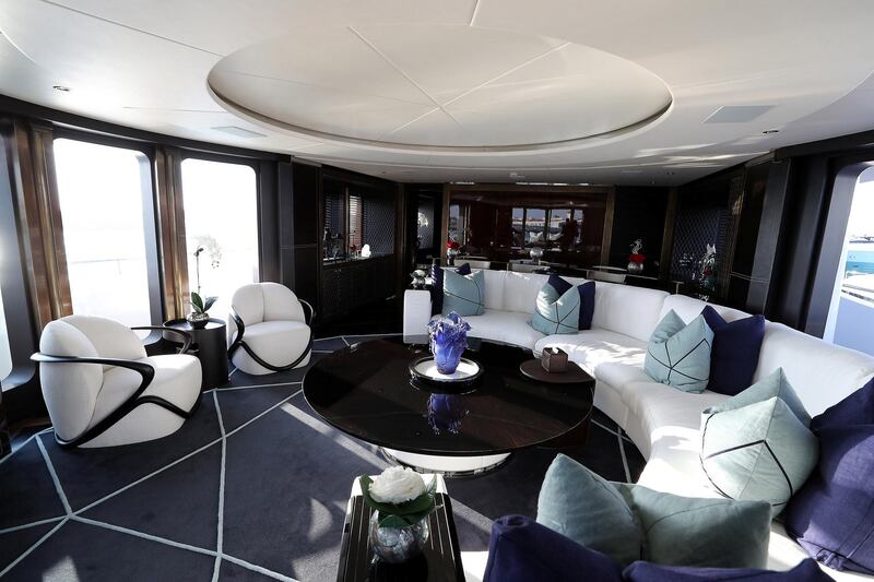 DUBAI , UNITED ARAB EMIRATES , February 26 – 2019 :- Inside view of the Rocket Yacht which is on display at the Dubai International Boat Show held in Dubai. ( Pawan Singh / The National ) For Lifestyle. Story by Sophie