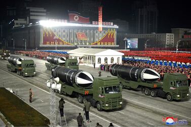 Lorries carrying missiles take part in a military parade at Kim Il-sung Square in Pyongyang, North Korea on January 14, 2021. Korean Central News Agency / Korea News Service via AP