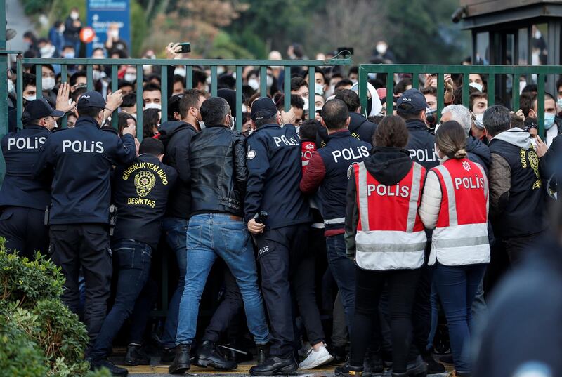 Turkish riot police block the main gate of Bogazici University. Reuters