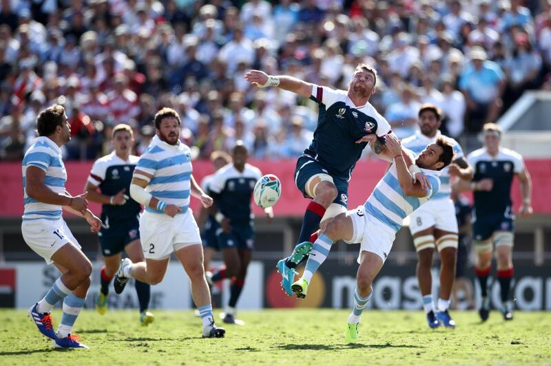 Tony Lamborn of the United States and Nicolas Sanchez of Argentina compete for the ball during the Rugby World Cup 2019 Group C game between Argentina and USA at Kumagaya Rugby Stadium in Kumagaya, Saitama, Japan. Getty Images
