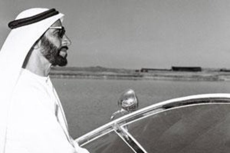 Sheikh Zayed inspects work on the Corniche in Abu Dhabi in 1977.