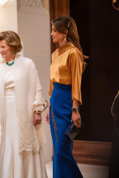 Queen Rania of Jordan wearing Lebanese brand Azzi & Osta, standing with the Queen of Norway, in Amman, Jordan. Courtesy Azzi & Osta