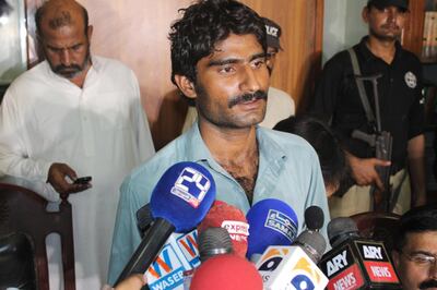 epa07872680 (FILE) - Waseem (C) the brother of slain Pakistani social media celebrity Qandeel Baloch, is presented to media by the Police after his arrest in Multan, Pakistan, 17 July 2016 (reissued 27 September 2019). Waseem was sentenced to life imprisonment for killing his sister Qandeel for honor. Qandeel Baloch, who was known for her bold appearance on social media in conservative Pakistan, was strangled to death in her house on 16 July 2016.  EPA/FAISAL KAREEM