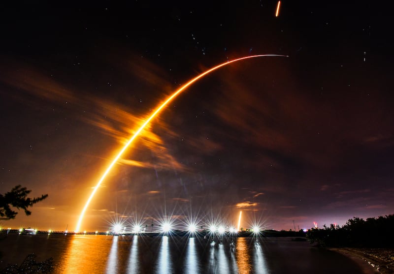 A SpaceX Falcon 9 rocket is launched from a pad at Kennedy Space Centre, seen from Port Canaveral, Florida, on February 15, 2024. AP Photo