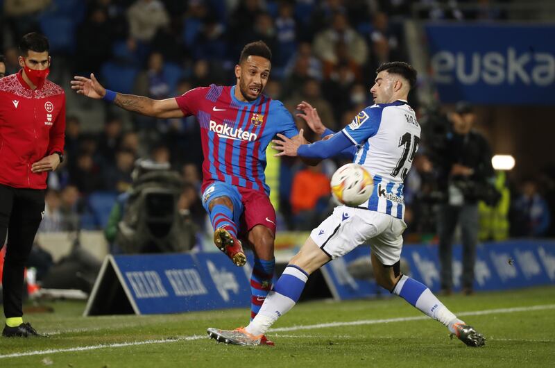 Real Sociedad's Diego Rico in action against Barcelona's Pierre-Emerick Aubameyang. EPA