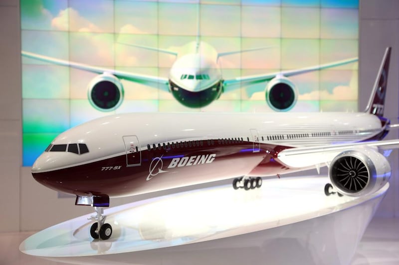 A model of Boeing's 777X aircraft, manufactured by Boeing, at the company's stand during the 13th Dubai Airshow. Emirates has 150 of the planes on order. Duncan Chard / Bloomberg