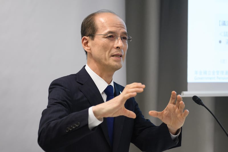 Norihiro Takahashi, president of the Government Pension Investment Fund (GPIF), speaks during a news conference in Tokyo, Japan, on Friday, July 6, 2018. GPIF, the world's biggest pension fund, posted its best annual gain in three years despite a loss during the final quarter of its business calendar. Photographer: Akio Kon/Bloomberg