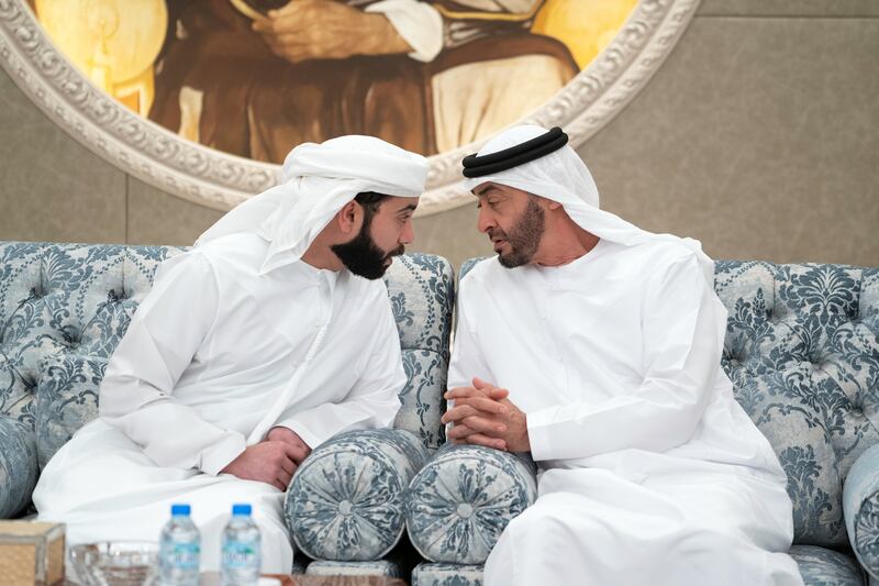ABU DHABI, UNITED ARAB EMIRATES - November 20, 2019: HH Sheikh Mohamed bin Zayed Al Nahyan, Crown Prince of Abu Dhabi and Deputy Supreme Commander of the UAE Armed Forces (R) and HH Dr Sheikh Hazza bin Sultan bin Zayed Al Nahyan (L), receive mourners who are offering condolences on the passing of the late HH Sheikh Sultan bin Zayed Al Nahyan, at Al Mushrif Palace.

( Mohamed Al Hammadi / Ministry of Presidential Affairs )
---