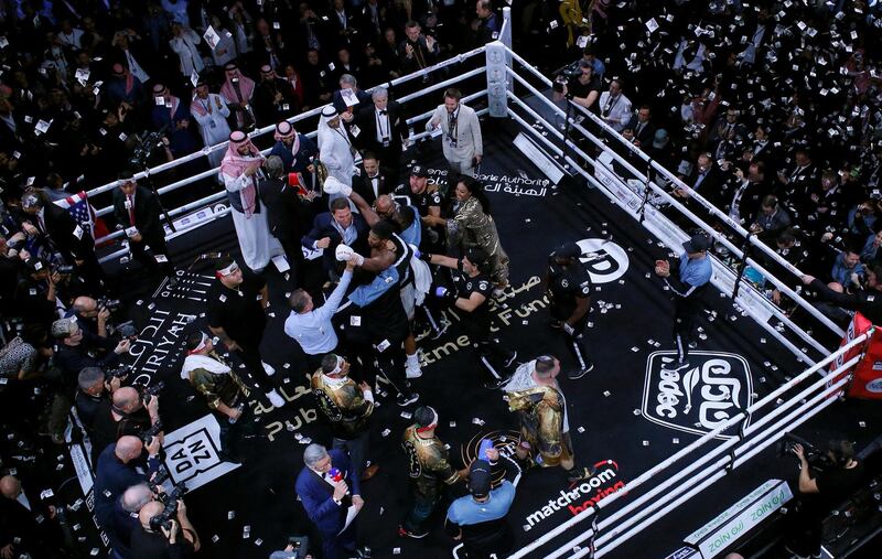 Anthony Joshua celebrates after winning his fight against Andy Ruiz Jr Diriyah Arena, Saudi Arabia. Reuters