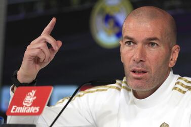 epa08202566 Real Madrid head coach, French Zinedine Zidane , addresses a press conference after he led a team's training session at Valdebebas Sport Complex, in Madrid, Spain, 08 February 2020. The team prepares its upcoming LaLiga game against Osasuna at Pamplona's El Sadar Stadium on 09 February. EPA/FERNANDO ALVARADO