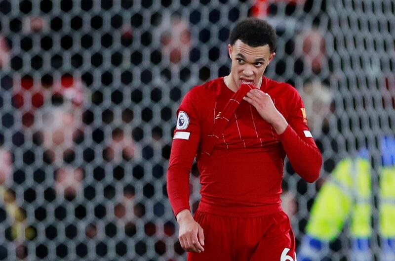 Liverpool's Trent Alexander-Arnold looks dejected after Watford's Ismaila Sarr scores their second goal. Reuters