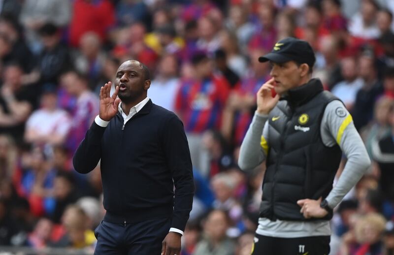 Crystal Palace manager Patrick Vieira and Chelsea manager Thomas Tuchel watch the action. EPA