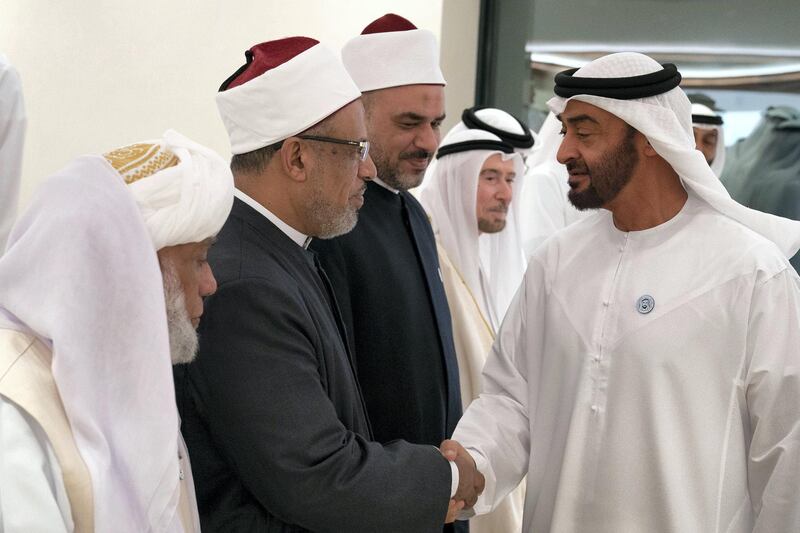 ABU DHABI, UNITED ARAB EMIRATES - May 21, 2018: HH Sheikh Mohamed bin Zayed Al Nahyan Crown Prince of Abu Dhabi Deputy Supreme Commander of the UAE Armed Forces (R), receives a guest of HH Sheikh Khalifa bin Zayed Al Nahyan, President of the UAE and Ruler of Abu Dhabi, prior to a lecture by Omar Habtoor Al Darei titled "Reclaiming Religion In The Age of Extremism", at Majlis Mohamed bin Zayed. 

( Hamad Al Kaabi / Crown Prince Court - Abu Dhabi )
---