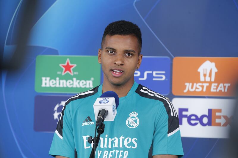 Real Madrid's Rodrygo speaks at a press conference in the build up to the Champions League final against Liverpool. EPA 