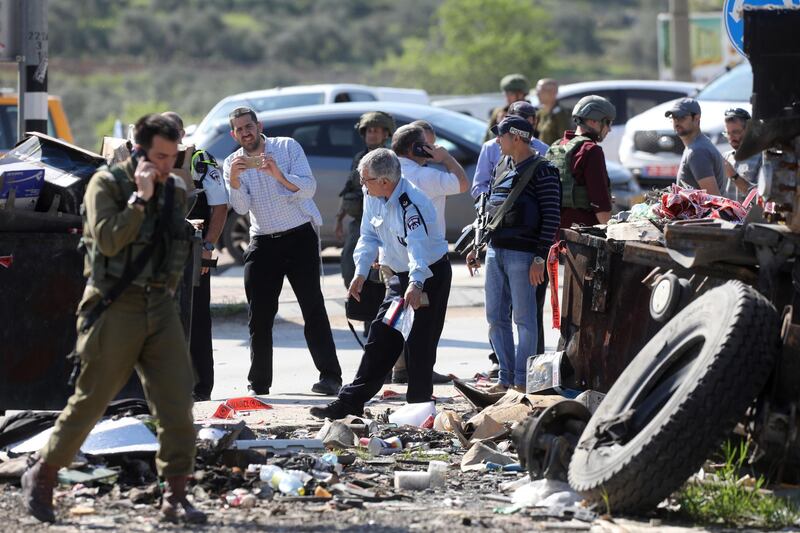 Israeli authorities inspect the scene where a Palestinian was shot for evidence in Huwara village, near the West Bank city of Nablus. Acording to reports, Israeli settlers have shot and killed a Palestinian man allegedly attempting to stab Israeli settler.  EPA