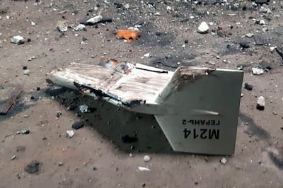 The wreckage of what Kyiv said was an Iranian Shahed drone, downed near Kupiansk, north-east Ukraine.  AP