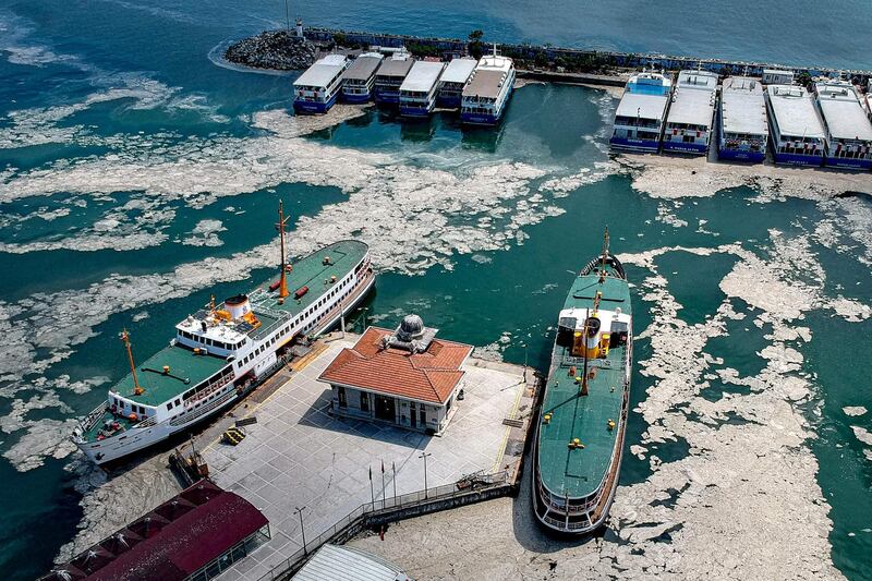 This aerial photograph taken on May 30, 2021 shows mucilage, a thick, viscous fluid produced by phytoplankton, in Turkey's Marmara Sea at a harbor on the shoreline of Istanbul. The mucilage has been informally referred to as "sea snot" and was first documented in Turkey's waters in 2007. Experts warn the mucilage will occur more often because of global warming. / AFP / Yasin AKGUL
