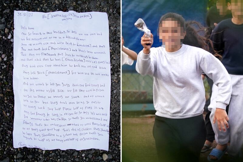 A young girl runs towards the fence carrying the message in a bottle. PA