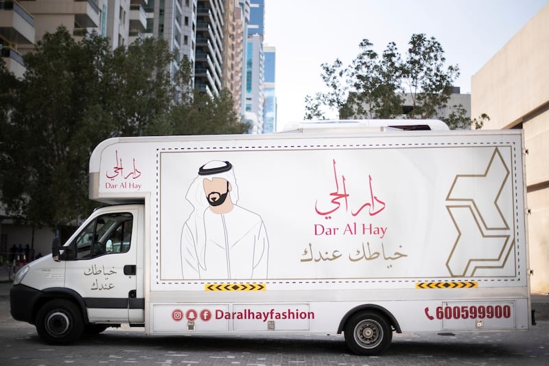 DUBAI, UNITED ARAB EMIRATES - FEBRUARY, 21 2019.

Dar Al Hay, a mobile tailoring truck for Emirati traditional clothes, is founded by Majid Al Awadi.

Apart from customising traditional attire, the delivery service also makes eqals (headpieces), sells caps, perfumes and undergarments.

(Photo by Reem Mohammed/The National)

Reporter: MELANIE SWAN
Section:  LIFESTYLE