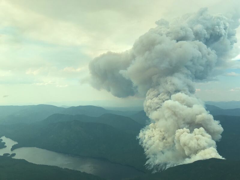 The plume of smoke from wildfire C31056, near McKinley Lake and about 35 kilometres east of Horsefly, British Columbia.