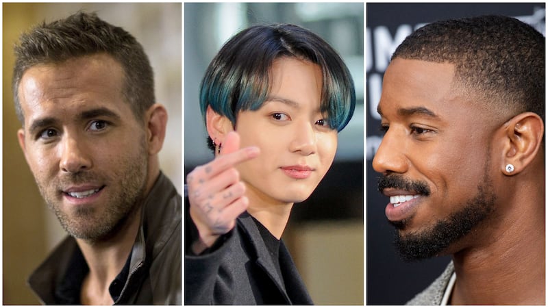 From left, Ryan Reynolds; Jungkook; and Michael B Jordan lead men's hairstyle trends. Photos: Reuters; Efren Landaos / Shutterstock; AFP